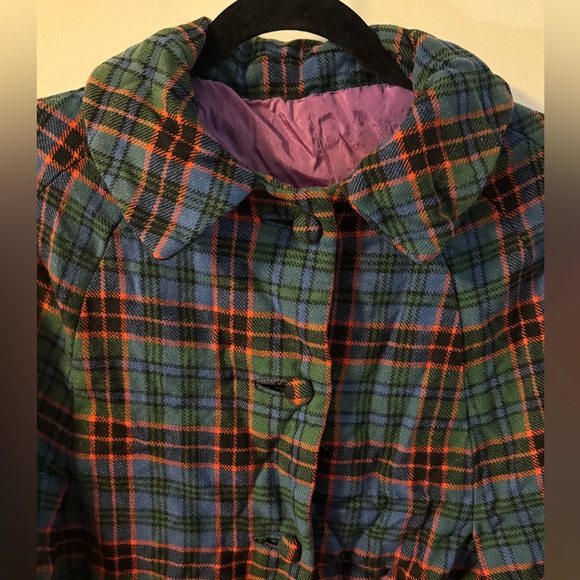 Vintage Wool Tartan Plaid Cape Button Closure Purple Lining Swing Shape S-XL - Picture 4 of 8